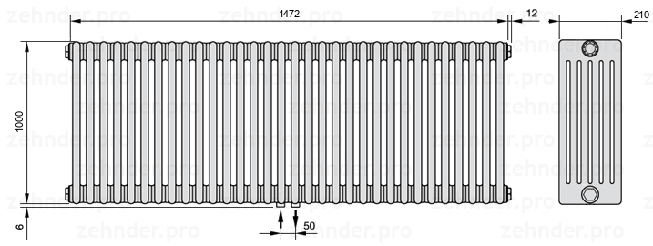 Схема (чертеж) Радиатор Zehnder Charleston 6100/32 №3470 Белый глянцевый RAL 9016